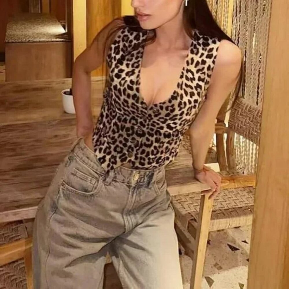 Vintage Albert Makali Beige Black Cheetah Leopard Cropped Dress Vest Top L 12